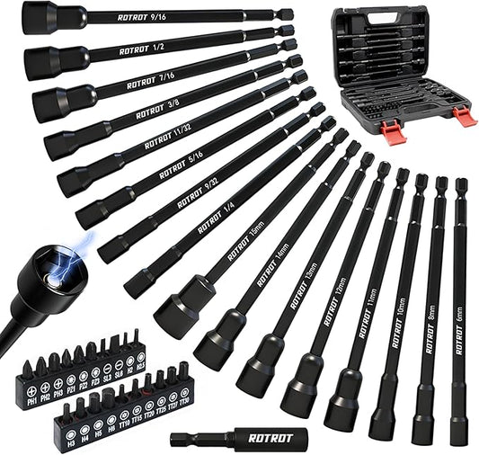 37-Piece Magnetic Nut Driver Set - SAE (1/4" to 9/16") & Metric (5mm to 15mm), PH1 & PH2 Screwdriver Bits 1/4 Drive Shank Adapter Extension, Nut Driver Set - Cr-V Magnetic Socket set