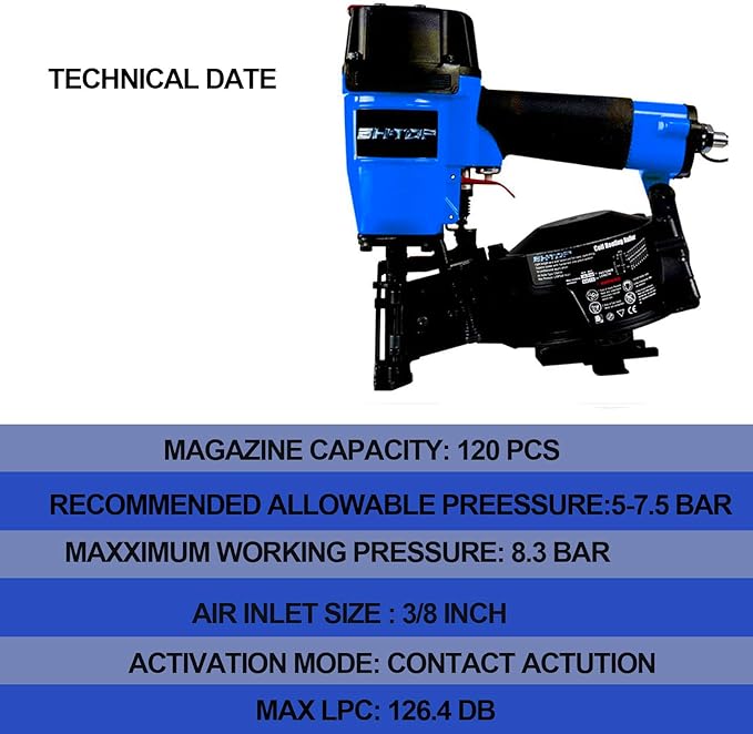 BHTOP CN45N Roofing Nailer, 15 Degree Roofing Nail Gun, 3/4-Inch to 1-3/4-Inch Coil Nails, 120-pcs Load Capacity Coil Nailer in Blue