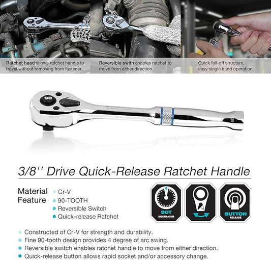DURATECH 3/8-Inch Drive Ratchet, 90-Tooth Quick-release Ratchet Wrench, Reversible, Cr-V Made, Full Polished, Stocking Stuffers for Men Women Gifts for Men Gifts for Women Gifts for Dad