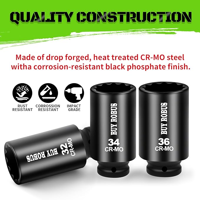 1/2 Drive Deep Axle Nut Impact Socket Set,12 Point Socket Set Metric, CR-MO, 30mm, 32mm, 34mm, 36mm, 4-Piece 1/2" Heavy Duty Socket Set (12 point can also be used at 6 point)
