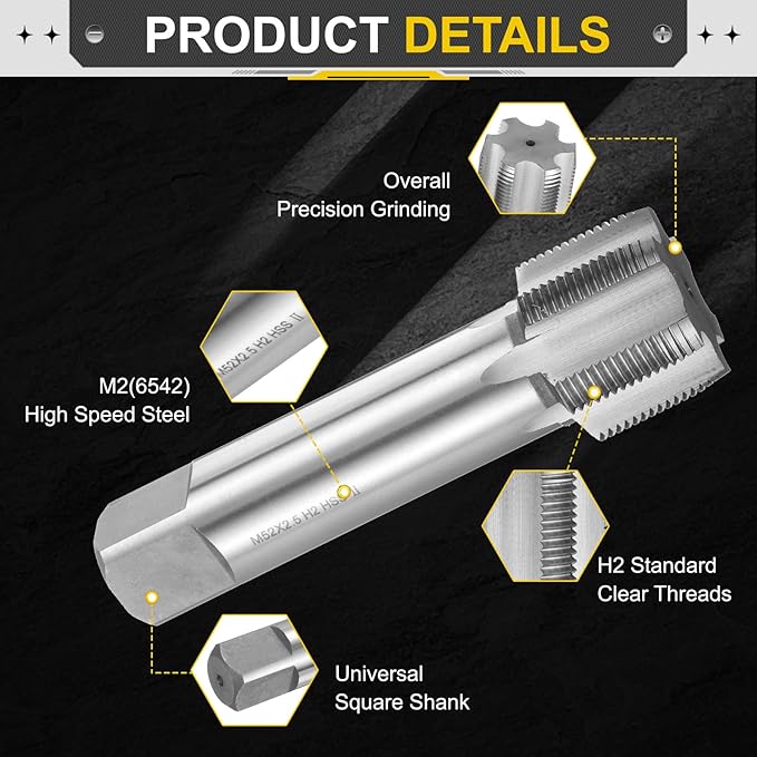 uxcell Hand Plug Tap M52 x 2.5 H2 Metric Thread Plug Style Taps Straight Flute Screw Tapping Threading Tool High Speed Steel HSS6542