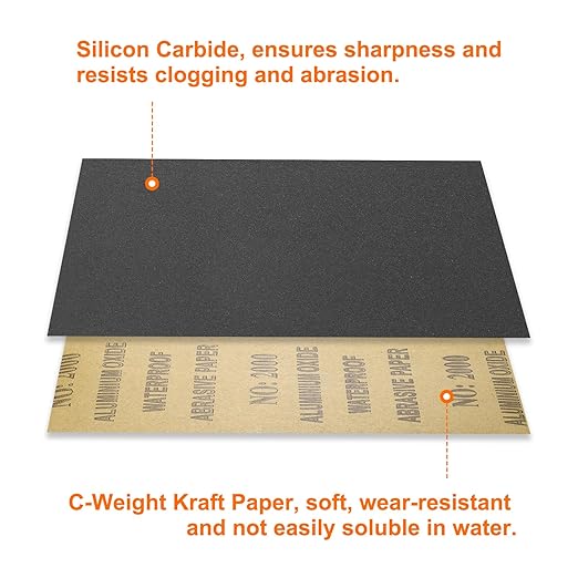 HARFINGTON 100pcs Sandpaper 2000 Grit 9 x 11 Inch C-Weight Backing Silicon Carbide Abrasive Wet Dry Sanding Sheets for Wood Finishing, Metal Sanding, Automotive Polishing