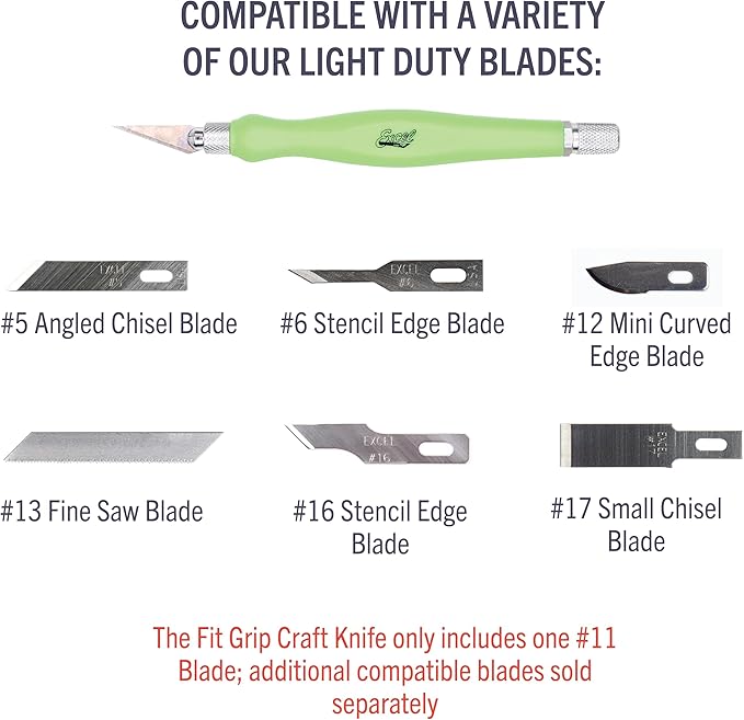 Excel Blades Fit Grip Craft Knife With #11 Ultra-Sharp Carbon Steel Angled Blade ??Precision Hobby Knife With Contoured Rubberized Grip For DIY, Art Crafts, And Model Projects ??Green, Made in the USA