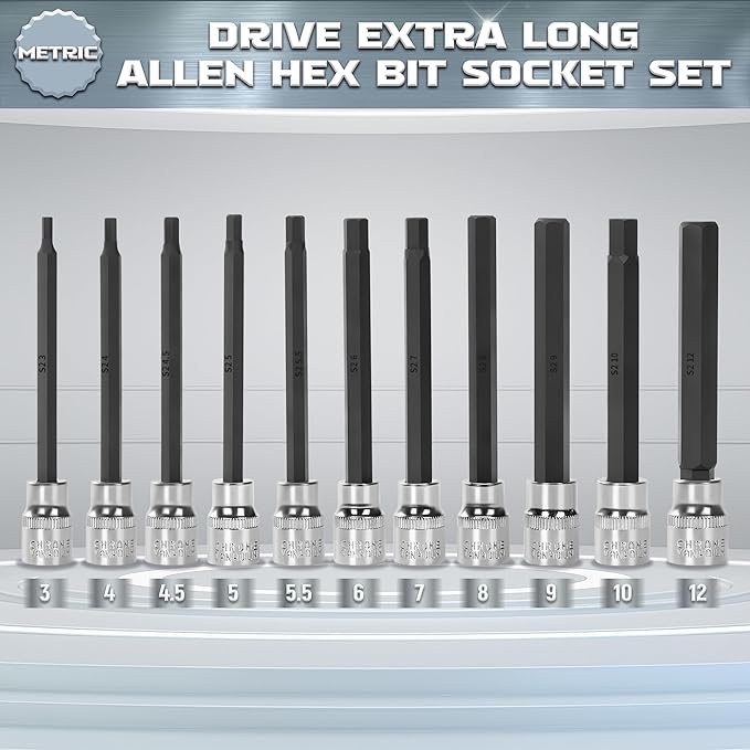 ALOANES 3/8 Inch Drive Extra Long Allen Hex Bit 19 PCs Socket Set, Standard SAE (1/8" - 3/8"), Metric(3mm-12mm)