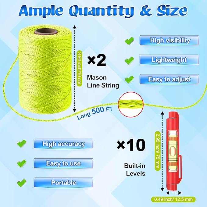 2 Pack #18 500 ft Mason Line String & 10 Pack Built-in Levels, String Level Line Kit for DIY, Gardening Work, Construction Twine Outdoor Projects Layout Brick Working(Fluorescent Yellow)