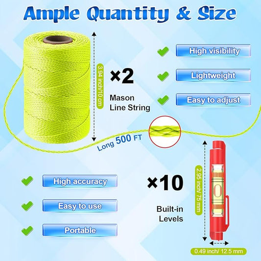 2 Pack #18 500 ft Mason Line String & 10 Pack Built-in Levels, String Level Line Kit for DIY, Gardening Work, Construction Twine Outdoor Projects Layout Brick Working(Fluorescent Yellow)