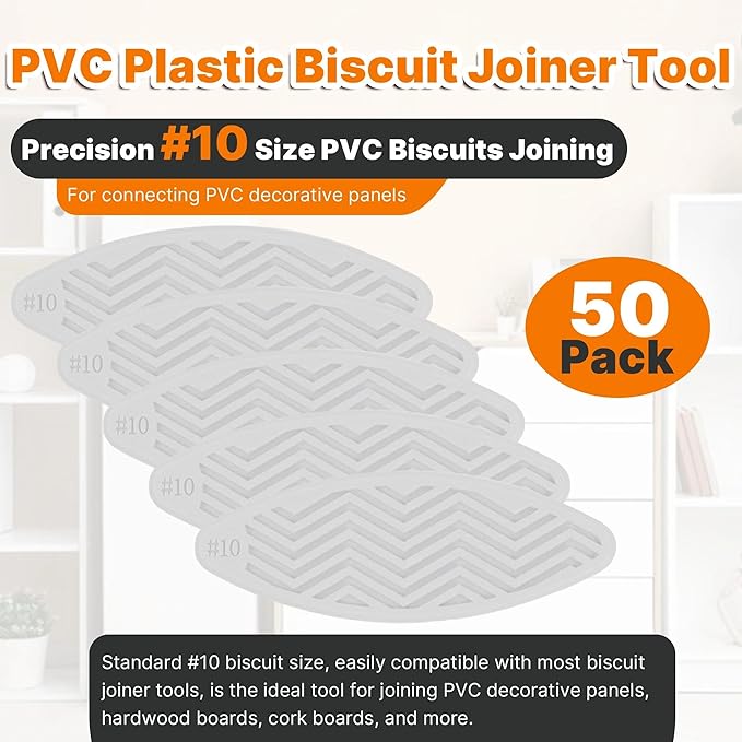 PVC Plastic Biscuit Joiner Tool #10 ??50 Pack White Joiner Biscuits for Connecting PVC Decorative Panels, Woodworking, Biscuit Connector for Furniture Frames, Door Frames, Countertop Joiner