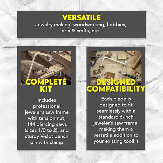 SE 3-in-1 Professional Jeweler's Saw Set - Saw Frame, 144 Blades, and V-Slot Bench Pin with Clamp - Versatile Tools for Precise Jewelry Making