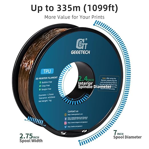 Geeetech TPU Filament 1.75mm, Shore 95A ??Flexible 3D Printer Filament with High Elasticity, 1KG (2.2lbs) Spool, Dimensional Accuracy 짹0.03mm, Fits Most FDM Printers (Clear Brown)