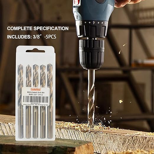 Luckyway 3/8" Cobalt Drill Bit (5 Pcs), Jobber Length Twist Drill Bit Set for Hard Metal, Stainless Steel, Cast Iron, Wood and Plastic, with Storage Case
