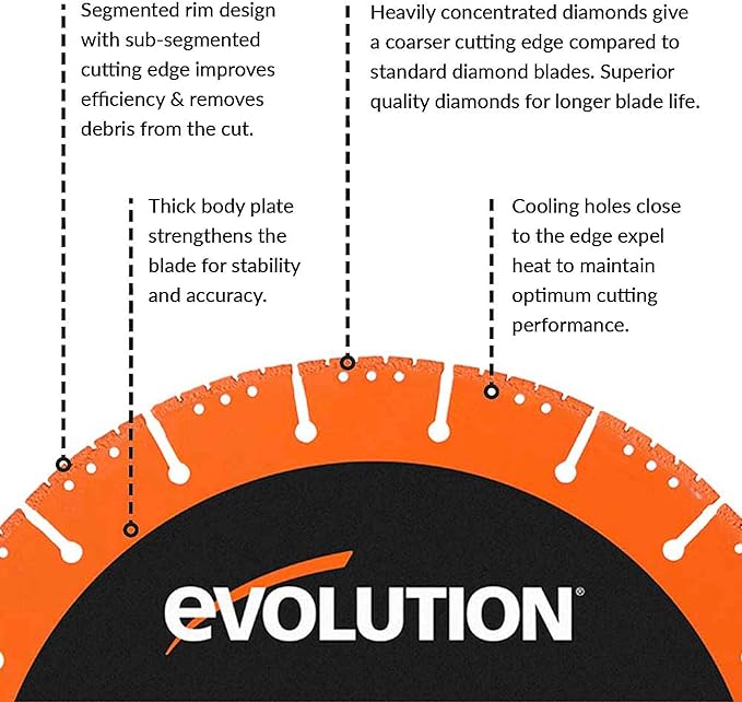 Evolution Power Tools Multi-Purpose Diamond Blade 12-Inch For Disc Cutter, Concrete Saw | 1 Inch Arbor | Metal Cutting Diamond Blade | Segmented Edge, For Metals, Reinforced Concrete, Bricks, Plastics