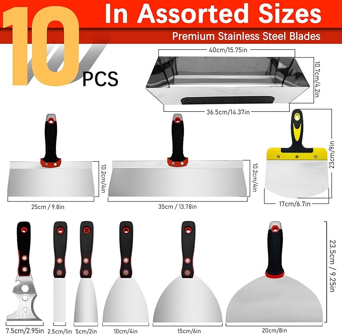 Drywall Hand Tool Kit, 10 Pieces Stainless Steel Drywall Knife Set Include Putty Knife, Taping Knifes, Painter Scraper, 14" Mud Pan & 6" Scoop for Joint Taping, Finishing, Patching