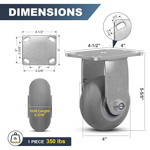 4"x 2" Heavy Duty Caster, Thermoplastic Rubber Wheels(Crown Tread)- 350 Lbs Per Casters, Plate Caster for Furniture Platform Trucks Workbench(2 Pack Rigid)