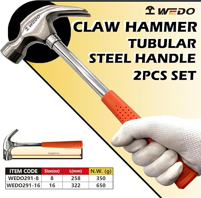 WEDO 2PCS Claw Hammer Set 8oz +16oz,Steel Framing Hammer with Tubular Steel Handle,Straight Claw Hammer for Household Maintenance,Gardening,Yard Work,Repairing