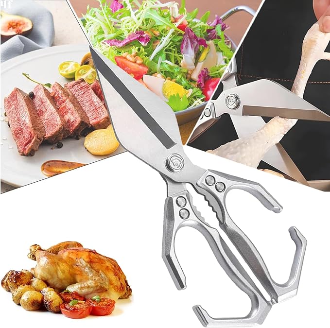 Multifunctional Heavy-Duty Kitchen Shears, Poultry Shears - Heavy Duty kitchen scissors for Food, For Chicken, Meat, Seafood, Bone Cutting (Silver)