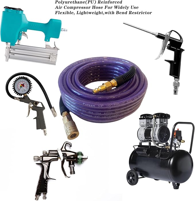 Air Hose 1/4 in x 100 ft, Polyurethane(PU), Reinforced Air Compressor Hose, Lightweight, Kink Resistant with 1/4??Industrial High Flow Quick Coupler and Plug, Bend Restrictors,300 PSI (100FT, Purple)