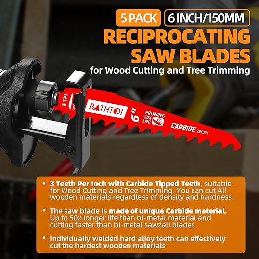 5 Pack 6 Inch 3 Tpi Carbide Reciprocating Saw Blades for Wood Cutting and Tree Trimming, Pruning Sawzall Blades with Carbide Tipped Teeth for Longer Life and Faster Cutting Speed