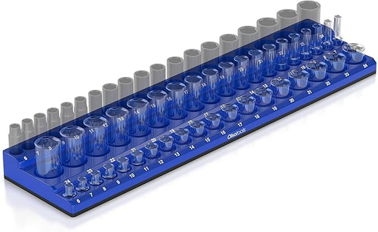 Olsa Tools Magnetic Socket Organizer (3/8-Inch Drive, 3 Row) - Magnetic Tool Organizer & Socket Holder - Tool Box Socket Organizers - Metric Blue - Holds 54 Sockets - Professional Grade - Part: 1556