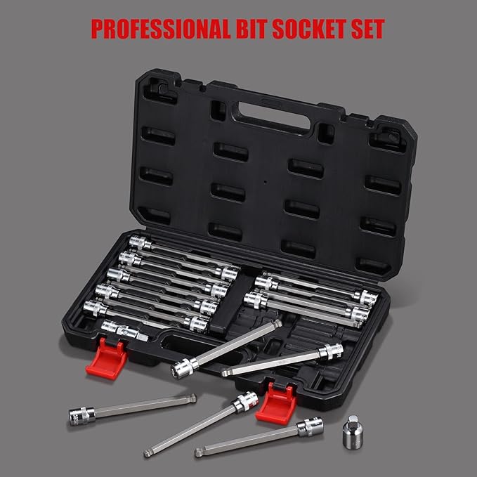 3/8 Inch Drive Long Ball End Hex Bit Socket Set,20-Piece SAE & Metric Allen Socket Set 3mm to 10mm & 1/8-3/8 Inch S2 Steel Bits