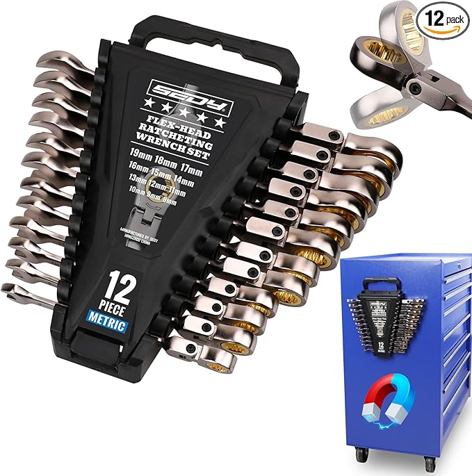 SEDY Premium 12-Piece Metric Flex-Head Ratchet Wrenches Set 8-19mm with Magnetic Organizer, Cr-V Steel Ratcheting Wrench Set with 72 Teeth 180째 Flex Head, Ratchet Combination Wrench Set for Repair
