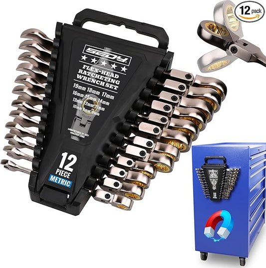 SEDY Premium 12-Piece Metric Flex-Head Ratchet Wrenches Set 8-19mm with Magnetic Organizer, Cr-V Steel Ratcheting Wrench Set with 72 Teeth 180째 Flex Head, Ratchet Combination Wrench Set for Repair