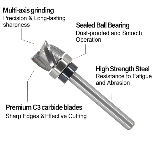 Spiral Flush Trim Router Bit 1/4 Shank, Up-Cut Carbide Head 3-Flute, 5/8" Diameter, 1/2" Cutting Length, Pattern Template Flush Trim Router Bit, for Grooves, Bottom Cleaning, Wood Trimming