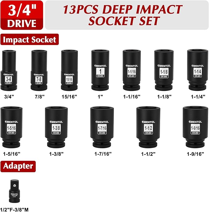 EMENTOL 3/4" Drive Deep Impact Socket Set,13 Pieces Jumbo Sockets, SAE (3/4" to 1-9/16") with 1/2"F to 3/4"M Adapter, 6-Point, CR-MO Steel