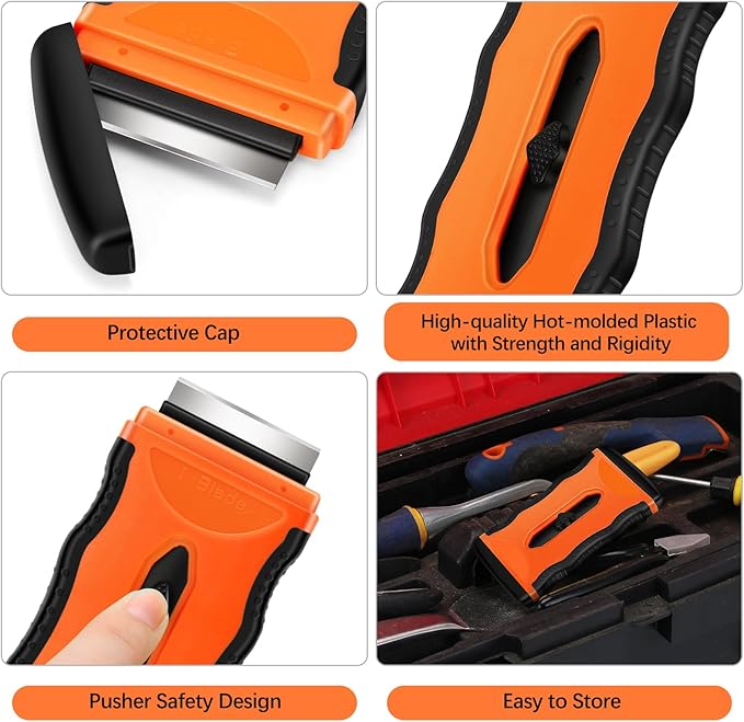 DEKEones Razor Blade Scraper, 1 Pack 2-in-1 Retractable Double-ended Razor Scraper Tool with Extra 5Pcs Plastic and Metal Razor Blades, Multi-Purpose Scraping Tool for Cooktop Oven (Orange）