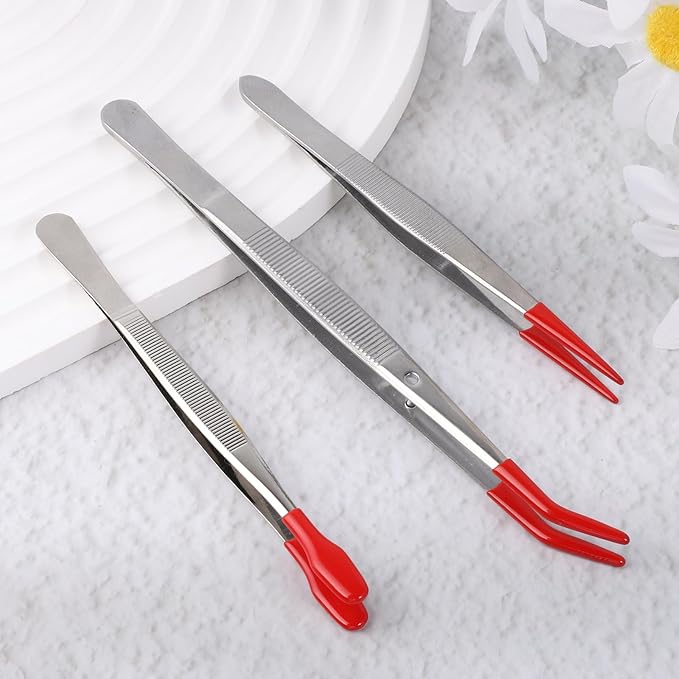 6 Pcs Rubber Tips Long Bent Tipped Craft Tweezers PVC Rubber Coated Tip Flat and Bent Flat Tip Precision Tweezer for Hobby Jewelry Making Craft Bead Jewelry Stamps Industrial Stainless Steel Tool Red