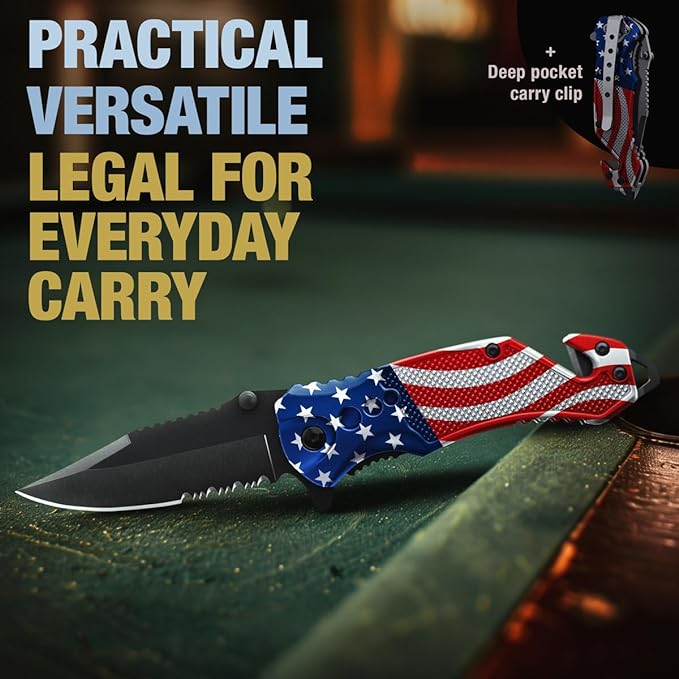 GOOD WORKER Legal Pocket Knife with 2.95??Serrated Blade, Glass Breaker, Seat Belt Cutter - EDC Sharp Folding Knives with Portable Clip - Small Tool for Tactical Camping Survival Hiking - Gifts for Men, Women