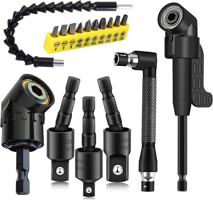 17Pcs Flexible Drill Bit Extension, Include 3Pcs Rotatable Socket Adapter 2Pcs Hex Shank 105째 Right Angle Drill Attachment 10 Short Screwdriver Bits 90째 Angled Bits and Bendable Extension