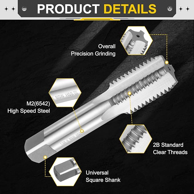 uxcell Hand Bottom Tap 1"-3/8"-6 BSW 2B Thread Bottoming Style Threading Taps High Speed Steel HSS6542 Straight Flutes Screw Tapping Tool