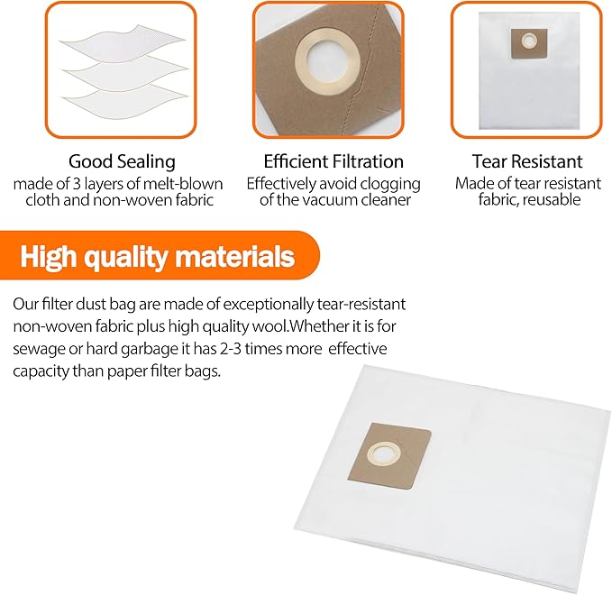 31345061010 Filter Bag for Fein Turbo I Dust Extractors, Wet/Dry Shop Vac Dust Extractor Bags Replacement for Fein Turbo 1, Dustex 25L Model, Tear-Resistant Vacuum Bag 2-3 Times More Capacity, 10 Pack