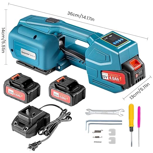 MorNon Electric Strapping Machine with LCD Display, Automatic Handheld Banding Tool for 13-16mm PP PET Straps, 2횞4000mAh Batteries, Portable Packaging Tensioner for Boxes and Pallets