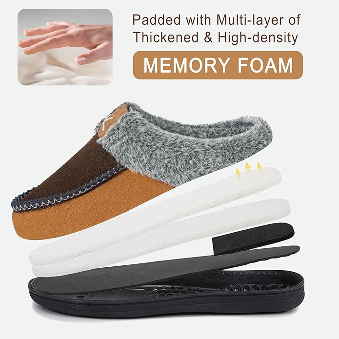 Homitem Mens Slippers Moccasins Memory Foam Fuzzy Slippers for Men Wool-Like Plush Fleece Lined House Shoes Indoor Outdoor Anti-Skid Rubber Sole Home Bedroom
