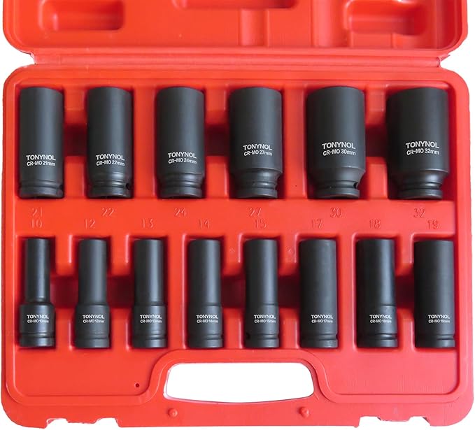 1/2 Inch Deep Drive Impact Socket Set,6-Point,Metric (10mm-32mm),14 Pcs,Cr-Mo Steel,With a Storage Case