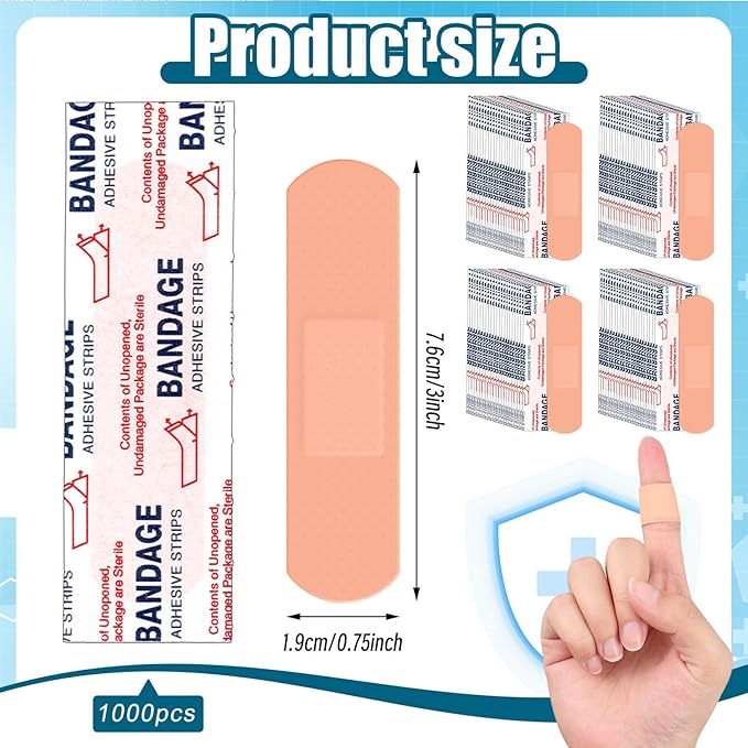 Timgle 1000 Pcs 3/4" x 3" Adhesive Bandages Bulk Waterproof Adhesive Breathable Bandages for Sensitive Skin School Nurses Businesses Travel First Aid Kits Homeless Care Supplies Donations