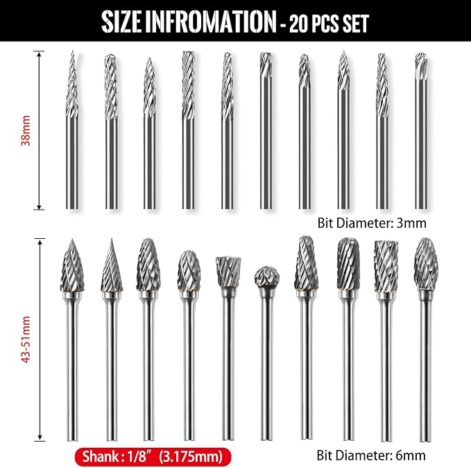 Tungsten Carbide Burr Set Die Grinder Bits 1/8" Shank 20Pcs - Double Cut Rotary Burr for Metal Deburring, Finishing, Carving, Grinding, Polishing, Engraving, Drilling