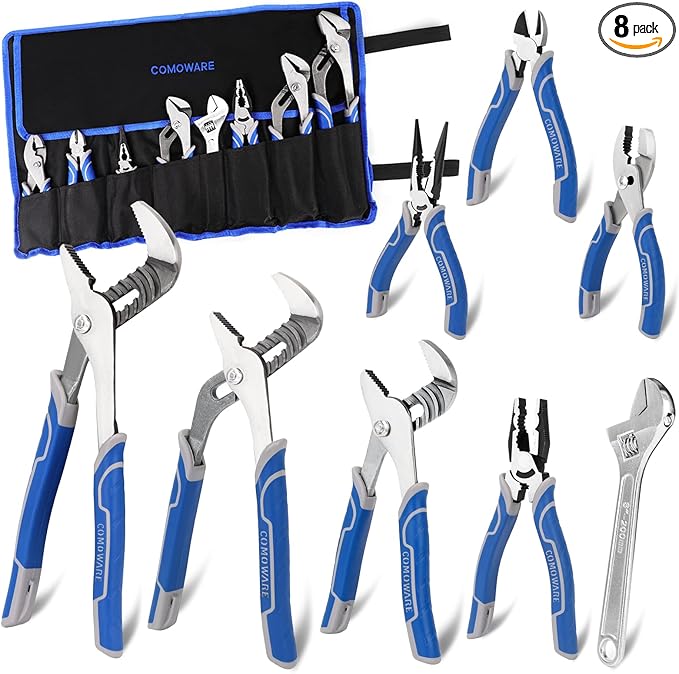COMOWARE 8Pcs Pliers Set, 12", 10", 8" Groove Joint Pliers, 8" Adjustable Wrench, 8" Linesman, 6" Long Needle Nose, 6" Slip Joint, 6" Diagonal, Roll-Up Pouch Organizer, Rust-proof Black Oxide Coating