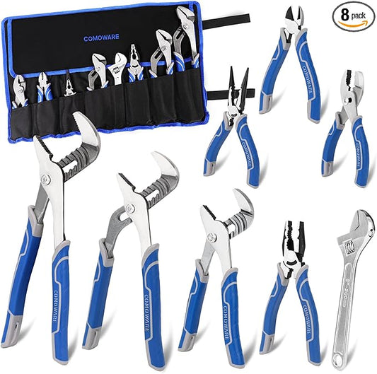 COMOWARE 8Pcs Pliers Set, 12", 10", 8" Groove Joint Pliers, 8" Adjustable Wrench, 8" Linesman, 6" Long Needle Nose, 6" Slip Joint, 6" Diagonal, Roll-Up Pouch Organizer, Rust-proof Black Oxide Coating