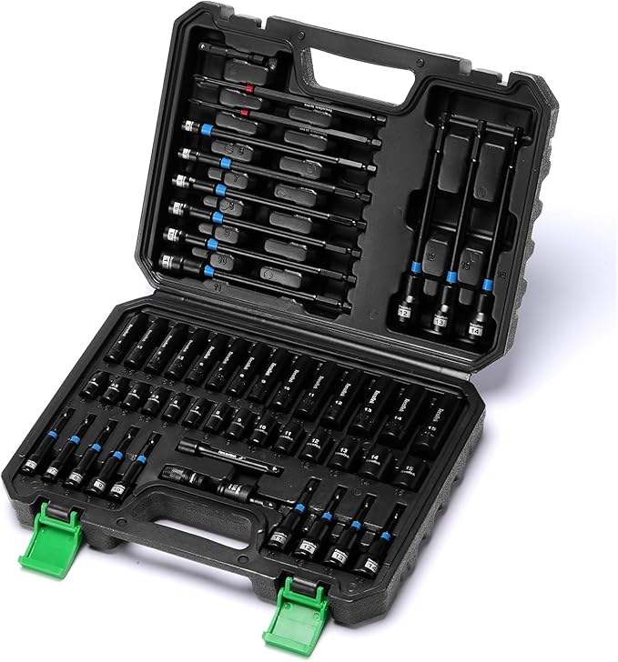 52PCS 1/4" Drive Impact Socket Set & Magnetic Nut Driver Set, Deep & Shallow Socket Metric(4-15mm), Metric Nut Driver Set(6-14mm) for 1/4" Quick-Change Hex Shank