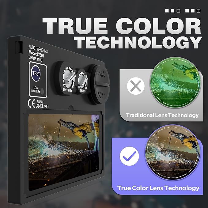 1/1/1/1 True Color Auto Darkening Welding Helmet with light, Solar Powered Wide Shade 4/9-13 for TIG MIG Stick Weld Hood Welding Mask