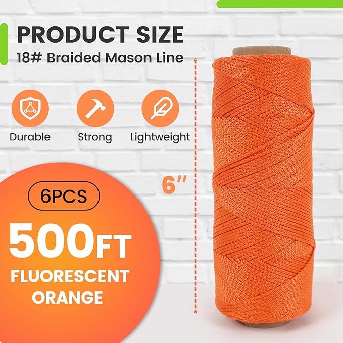 MERIANE Mason Line String Line Nylon Twine, 6 Rolls 500FT 18# Braided Twine String for Masonry Job, Level Lines in Construction, Gardening, Fluorescent Orange