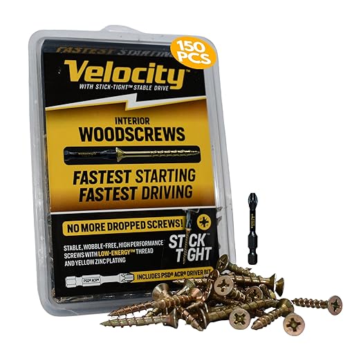 Velocity Interior 1 1/8 Inch Wood Screws DIY Pack (Size #8, 150 Pcs) ??Zinc and Yellow Coating, Stick-Tight Technology, Screw for Wood Working with PSD ACR Driver Bit