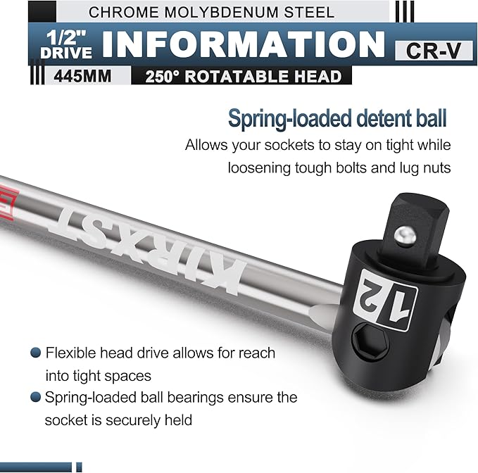 17.5-Inch 1/2??Drive Breaker Bar, Heavy Duty Extension Breaker Bar, 250째 Rotatable Head, Premium Chromium Molybdenum Steel, Mechanical Work, Automobile and Motorcycle Maintenance and Repair