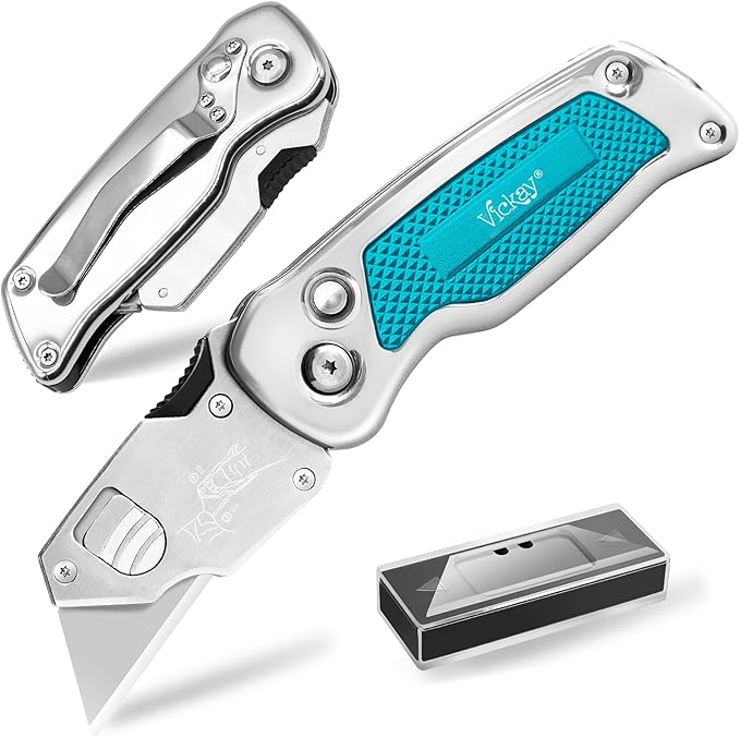 Vickay Box Cutter, Utility Knife with Clip, Stainless Steel Body Handle, Quick-change Blade and Safety Axis Lock, Razor Knife, Cardboard Cutter with Extra 5PC SK5 Blades (Green)