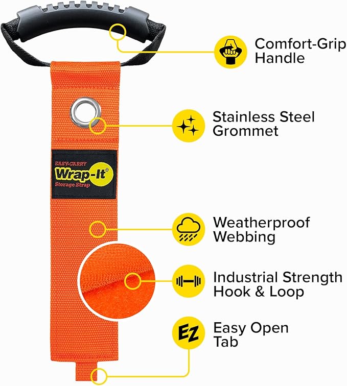 Easy-Carry Wrap-It Storage Straps - 22??(2-Pack) Blaze Orange with Grommet - Extension Cord Storage Holders and Carrying Straps for Garden Hose Storage