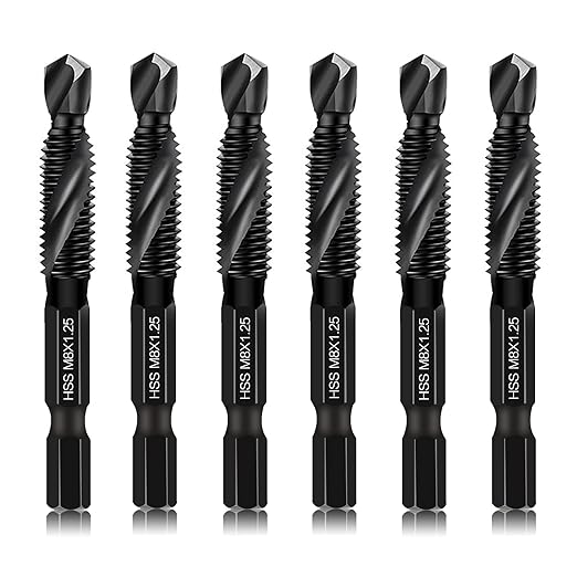 DKIBBITH 6 Packs M8 Drill & Tap Bit Set, Combination Screw Tapping Threading Tools in Size M8*1.25 with Anti-Rust Black Coating, 1/4" Hex Shank and Storage Case