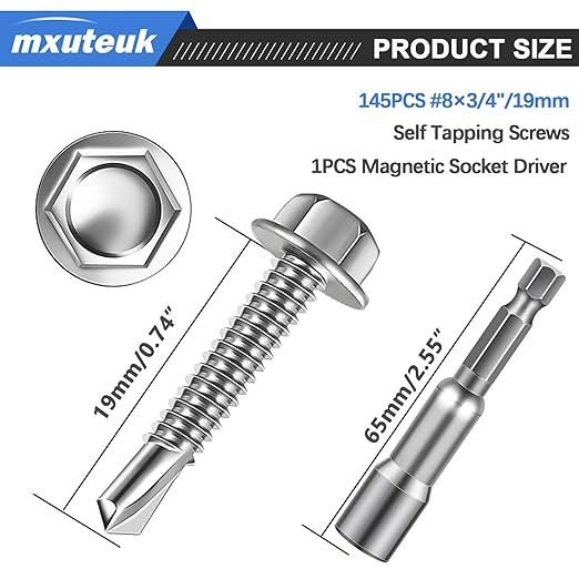 mxuteuk #10횞3/4" Self Tapping Screws,410 Stainless Steel Self Tapping Screws for Metal,Self Drilling Screws,Hex Washer Head Sheet Metal Screws Suitable for Wood, Metal or Tough Materials (145PCS)