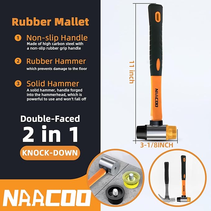 NAACOO Laminate Flooring Tools,Vinyl Flooring Tools, Heavy Tapping Block, Heavy Pull Bar, 10?쒬ontour Gauge, 20pc Upgrade Flooring Spacers, Rubber Mallet - Professional 5 in 1 Flooring Installation Kit